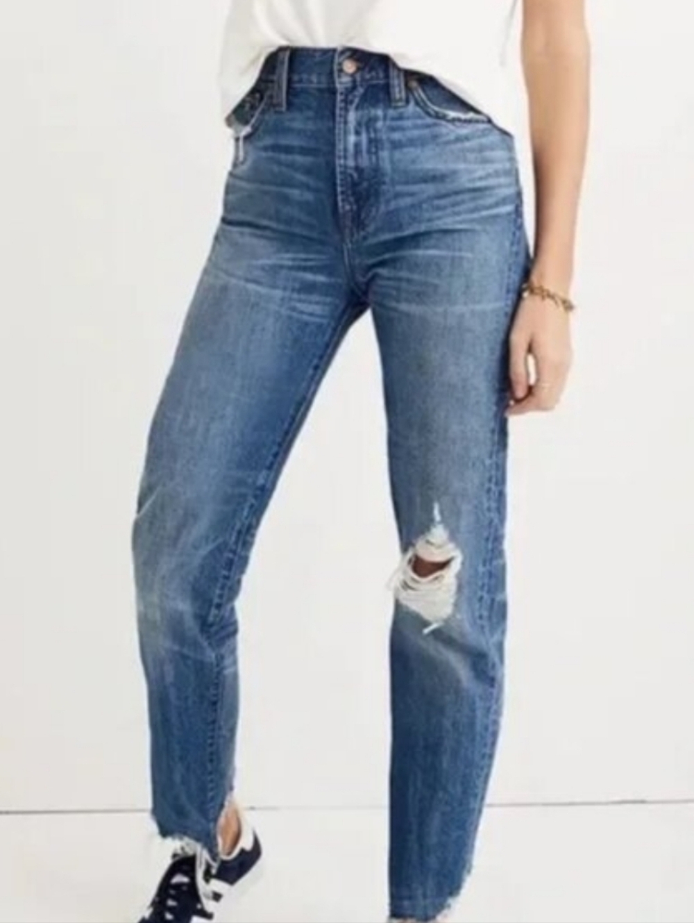 Madewell Blue Straight Leg Jeans with Distressed Knee